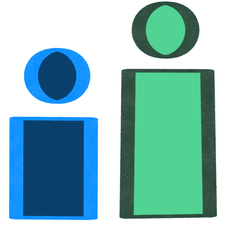 A simple drawing of two people standing next to each other. The blue one on the left is a much smaller and only comes up to about shoulder height of the green person standing next to them. Both people have rectangle bodies and circles for heads.